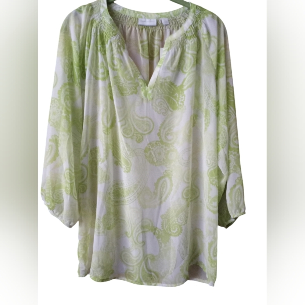 New York & Company Blouse Sheer Peasant Boho Paisley Print Pullover Medium NWT